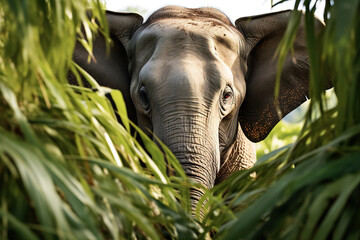 Naklejka premium Piercing gaze of a elephant hidden in the foliage