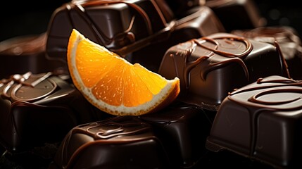  a slice of orange sitting on top of a pile of chocolate.  generative ai