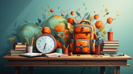 colorful classroom with world map and bookshelf