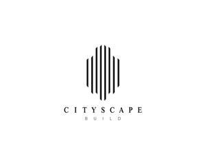 Real estate logo. Modern city building, apartment, residence, architecture, construction, skyscraper, cityscape, planning and structure design symbol.