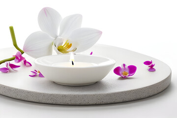 Fototapeta na wymiar Creative Floral Home Wellness Orchid Candle and Stones on Ceramic Plate Decor Design Concept with Tranquil Isolation on Transparent Background