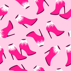 Vector seamless pattern with pink fashionable shoes. Handdrawn texture design.