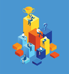 Isometric 3D business concept environment, Business people sitting  at cubes with trophy, working together. Developing applications, technical support, advisory and security idea