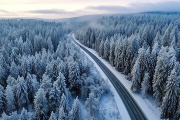 Aerial view of road with snow forest .