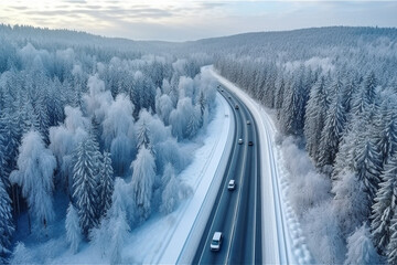 Aerial view of road with snow forest .