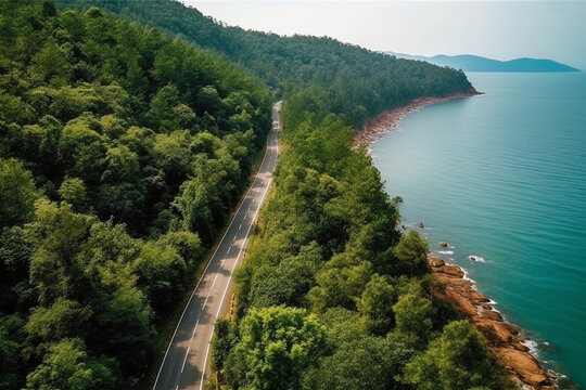 Aerial view of road with green forest on lake in side.