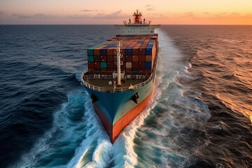 Container ship in the ocean with sea waves.