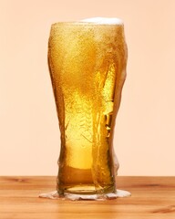Close-up of a glass of beer with a foamy head on a table with a brown background
