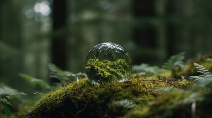 Crystal ball on moss in green forest.