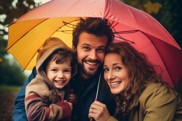 Happy family under umbrella in a rainy day. Outdoor portrait. AI generated - obrazy, fototapety, plakaty