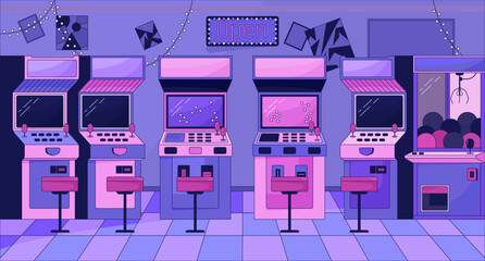 Arcade machines chill lo fi background. Vintage gaming devices. Entertainment 2D vector cartoon interior illustration, purple lofi wallpaper desktop. Sunset aesthetic 90s retro art, dreamy vibes - obrazy, fototapety, plakaty