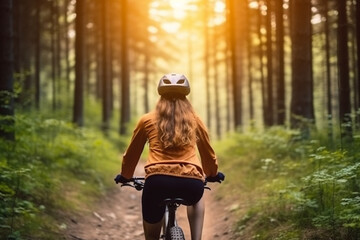 Woman riding a bicycle on the road in the forest.