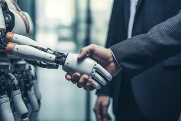 Tuinposter Robot shaking hands with businessman office background. © Inlovehem