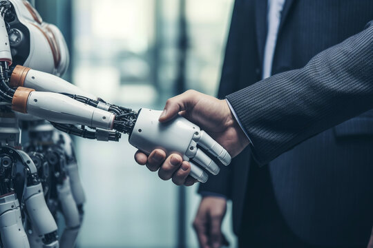 Robot shaking hands with businessman office background.