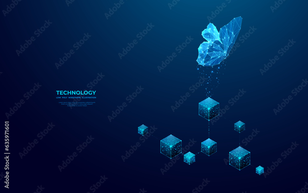 Aufkleber An abstract butterfly flies over linked digital blocks. Metaverse concept. NFT and blockchain technology. Futuristic low poly wireframe vector illustration with 3D isometric effect. Blue background.
