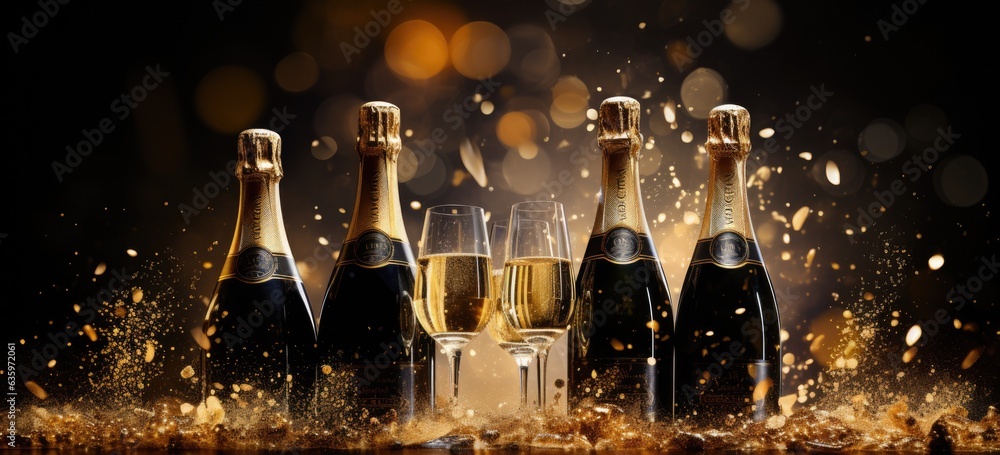 Poster gold bottles and bottle on the background generative ai