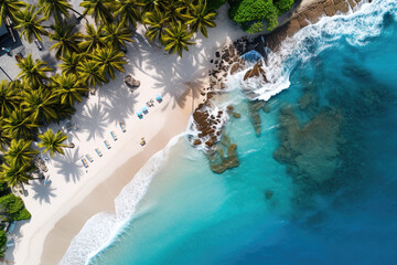 Fototapeta na wymiar Vue aérienne d'une plage exotique bordée de palmier