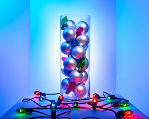 Festive Christmas lights shining inside a glass box