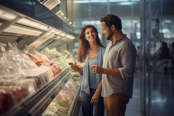 Happy man and woman in a supermarket. AI generated