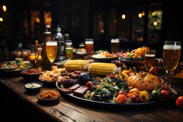 Obraz premium Thanksgiving Holiday background. Delicious holiday family thanksgiving food
