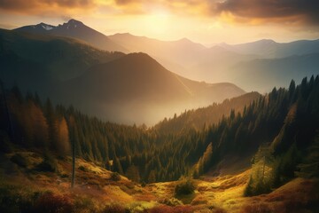 Serene landscape: valley, mountains, winding river and lush woods at sunset., generative IA