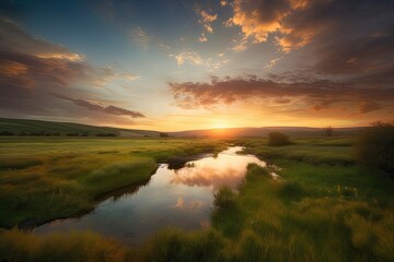 Vast green landscape, meandering river, golden sky at dusk., generative IA