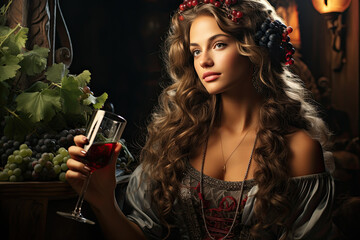 Happy italian woman near winegrape in autumn vineyard harvest festival