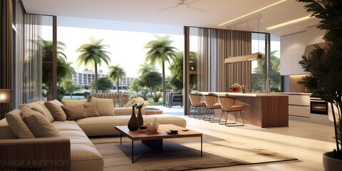 Interior design of luxury  apartment, living room and dining room