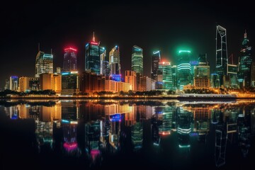 Fototapeta na wymiar Urban nightscape: skyscrapers, neon lights and reflective river., generative IA