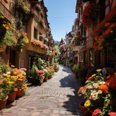 Fototapeta na wymiar Colorful flowers near old houses in the narrow medieval street in Europe 