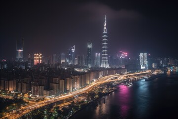 Fototapeta na wymiar Busy night cityscape with skyscrapers and bright traffic., generative IA