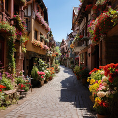Fototapeta na wymiar Climbing rose Flowers on street in old town