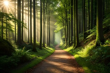 path in the forest, A dense and enchanting forest path illuminated by dappled sunlight filtering through the leaves