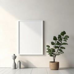 Modern interior of Empty wooden picture frame mockup hanging on wall background