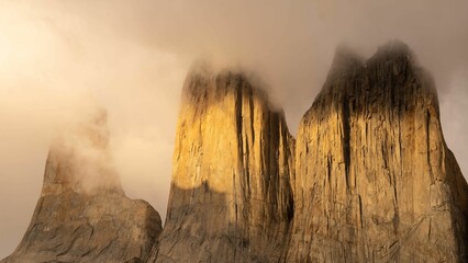 Aerial view of a cloudy landscape with a range of mountain peaks in Torres Del Paine