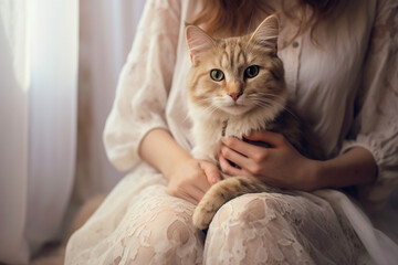 Cute cat and young woman. AI generated