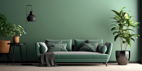 Vintage living room interior have sofa with green wall background