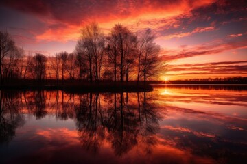 Fototapeta na wymiar Sunset reflected in serene lake, trees in silhouette., generative IA
