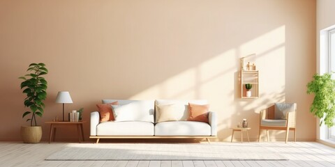 The modern living room interior has a sofa with  beige wall background 