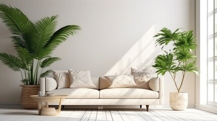 The modern living room interior has a sofa with white wall background.