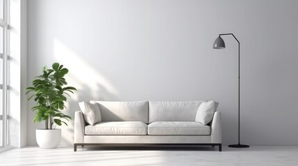 The modern living room interior has a sofa with white wall background.