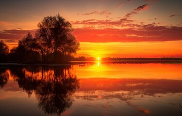 Fototapeta na wymiar Sunset reflecting on serene lake, silhouettes of trees and sky in warm tones., generative IA