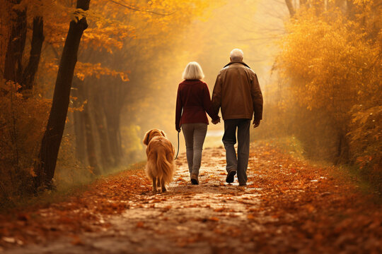Senior couple with a dog walks on autumn park. AI generated