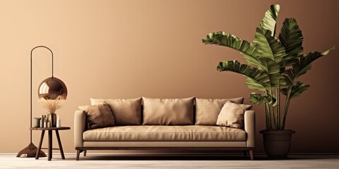 The modern living room interior has a sofa with  beige wall background 