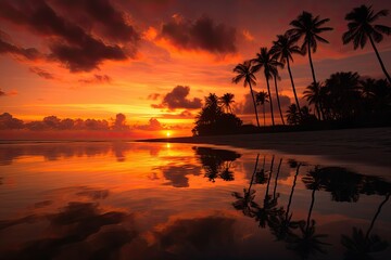 Fototapeta na wymiar Sun sets over calm sea and palm trees, sky in warm tones., generative IA