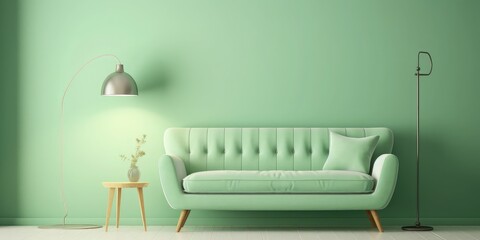 The vintage living room interior has sofa with green wall background 