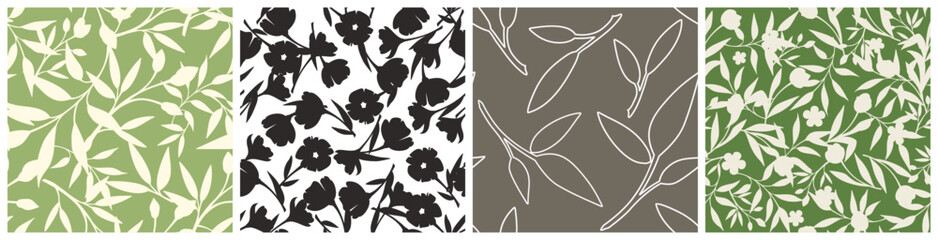 Set of four floral patterns with flowers and leaves in green and brown colors. Vector seamless floral prints