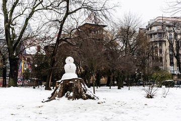 Snowman in Cismigiu park. Bucharest, Romania.