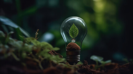 Eco friendly lightbulb with plants green background, Renewable and sustainable energy.
