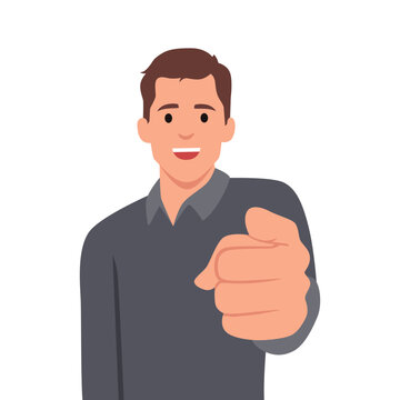 Standing business man pointing with index finger at viewer. I want you gesture. Flat vector illustration isolated on white background